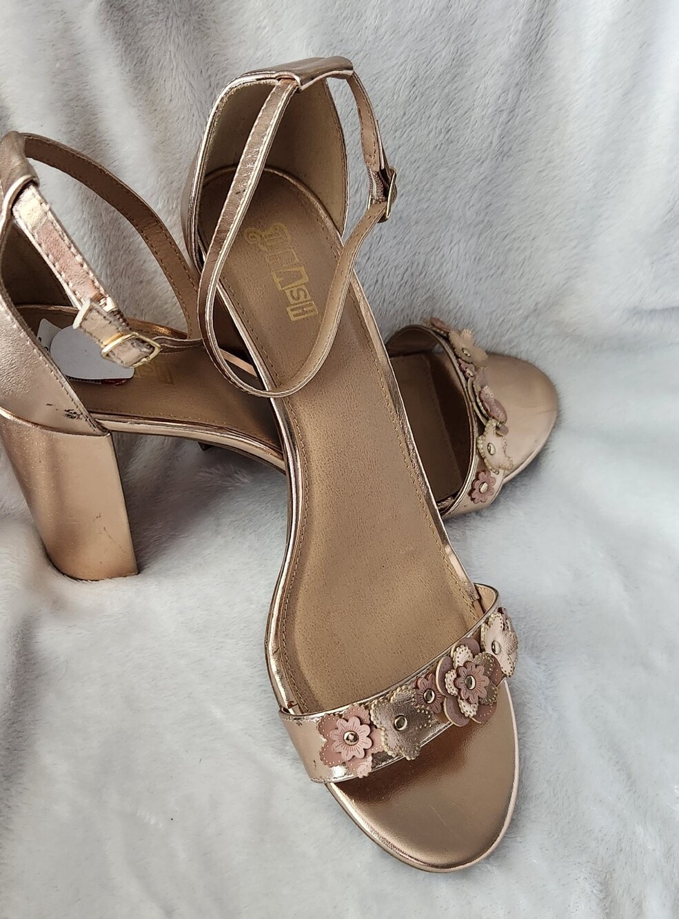 Metallic Rose Gold Floral Ankle-Strap Heels - Women